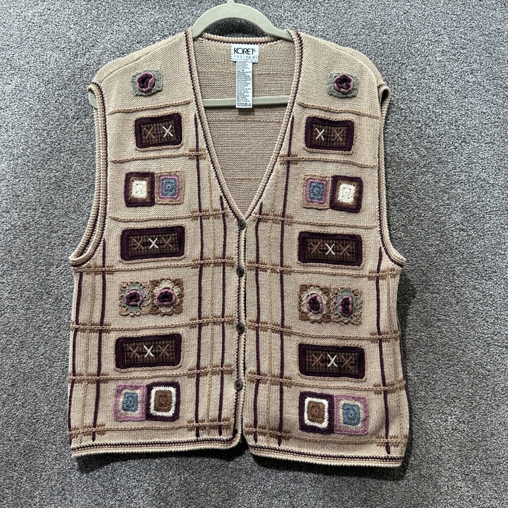 Koret Button Up Sweater Vest Women M Petite Brown Patchwork Knit Cottage Artsy‎